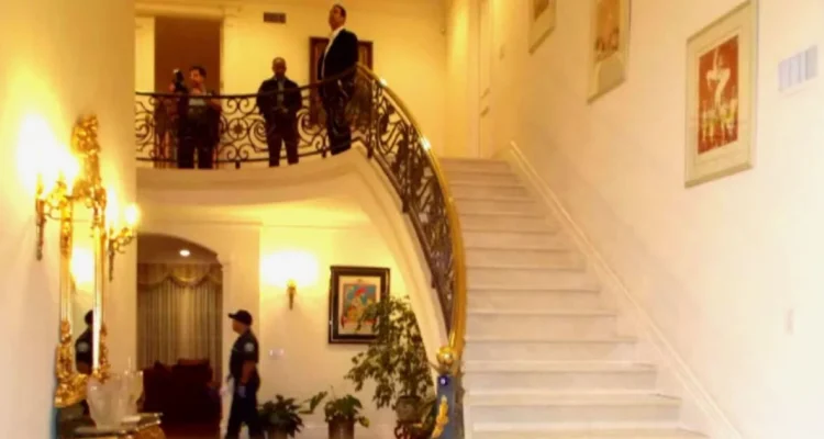 What led to a wealthy widow's death at the foot of her mansion's stairs?